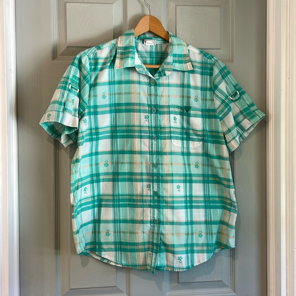 American Sweetheart Womens M Vintage Teal Plaid Short Sleeve Button Down Shirt
